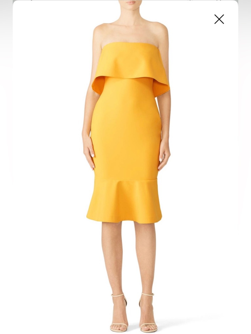 Likely Off Shoulder Yellow Midi Dress Ruffle Hem Bodycon Size 4